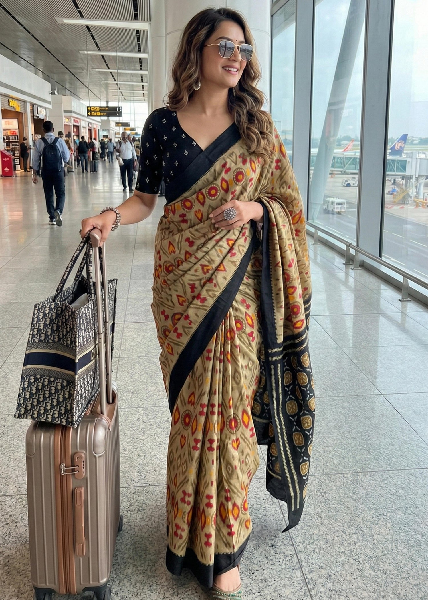 Beige Soft Malmal Hand Ikkat Hand Block Printed Saree