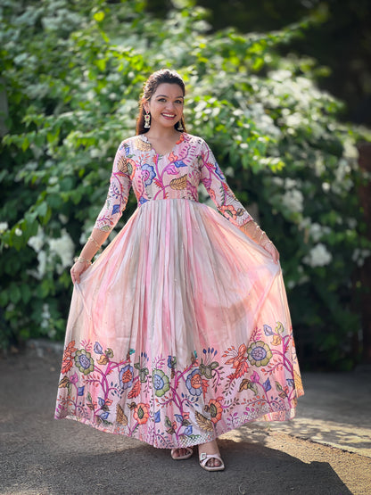 Pink Pure Soft Tussar Silk Kalamkari Print Anarkali Gown