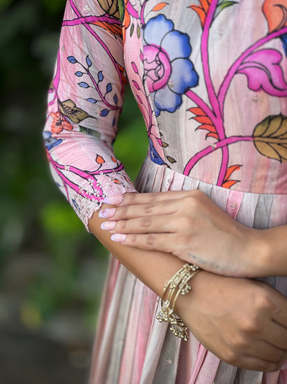 Pink Pure Soft Tussar Silk Kalamkari Print Anarkali Gown