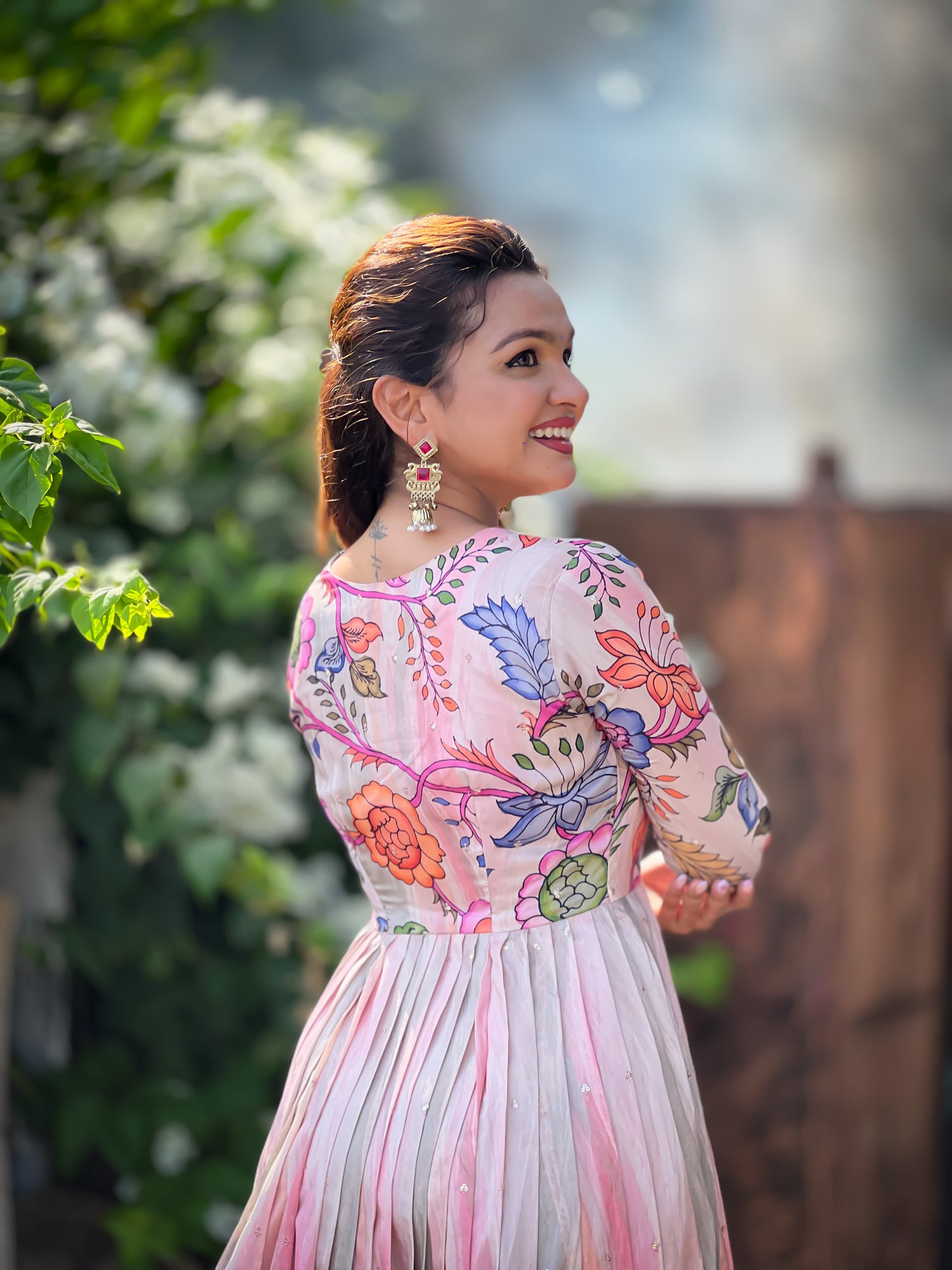 Pink Pure Soft Tussar Silk Kalamkari Print Anarkali Gown