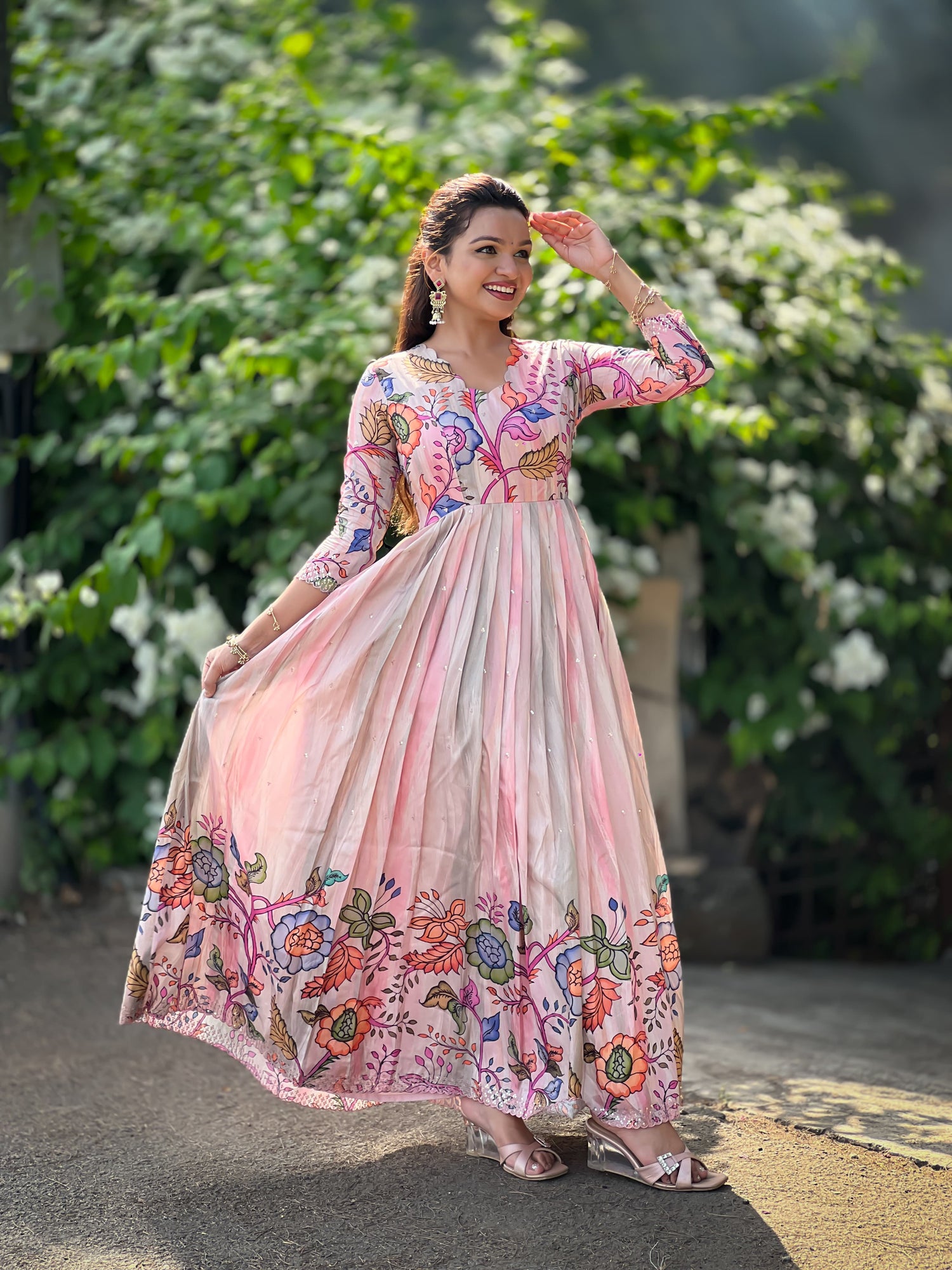 Pink Pure Soft Tussar Silk Kalamkari Print Anarkali Gown