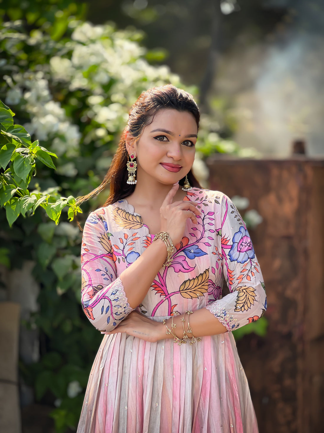 Pink Pure Soft Tussar Silk Kalamkari Print Anarkali Gown