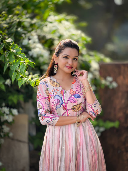 Pink Pure Soft Tussar Silk Kalamkari Print Anarkali Gown