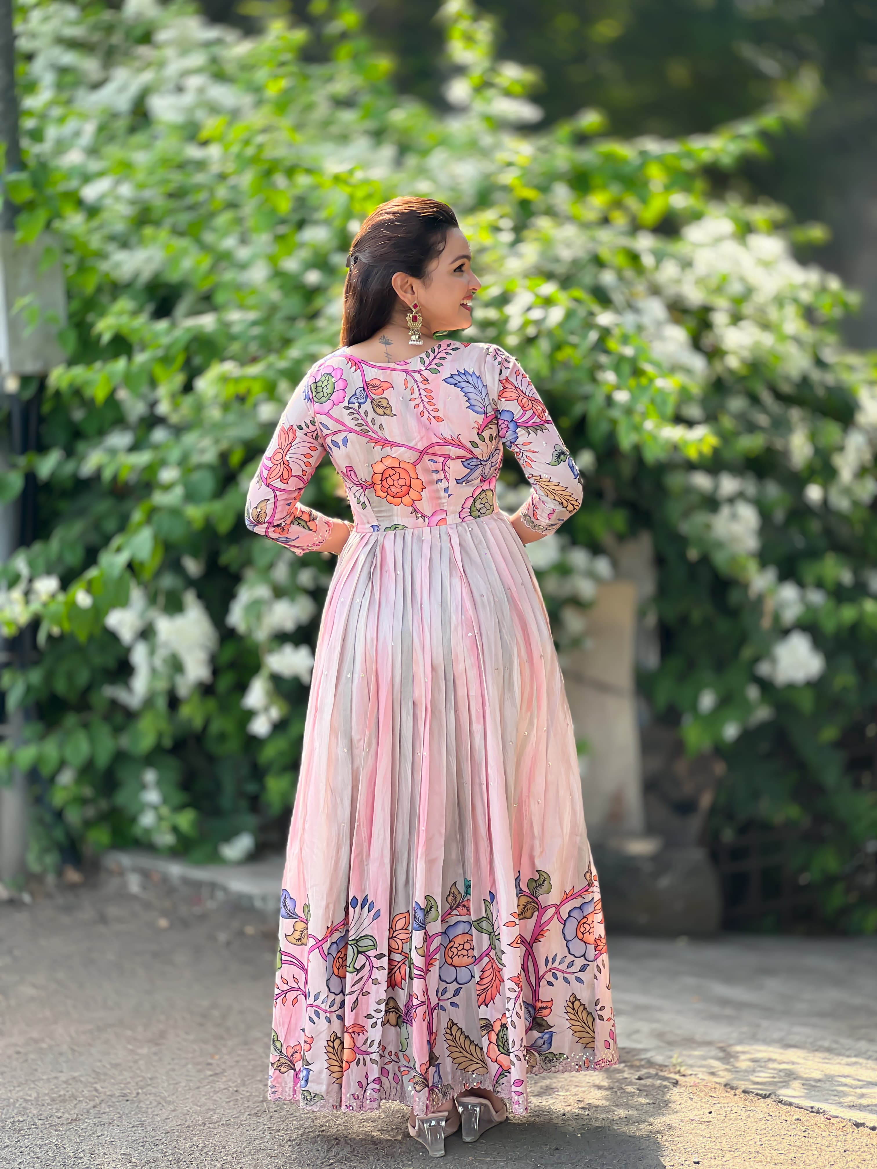 Pink Pure Soft Tussar Silk Kalamkari Print Anarkali Gown