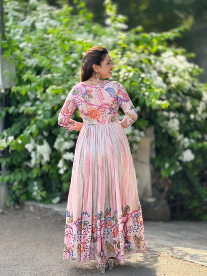 Pink Pure Soft Tussar Silk Kalamkari Print Anarkali Gown
