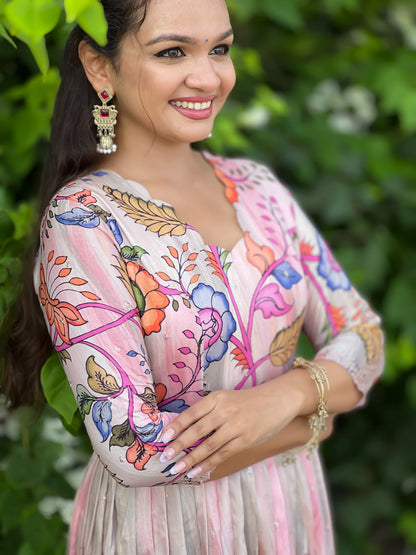 Pink Pure Soft Tussar Silk Kalamkari Print Anarkali Gown