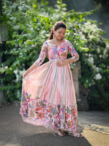 Pink Pure Soft Tussar Silk Kalamkari Print Anarkali Gown