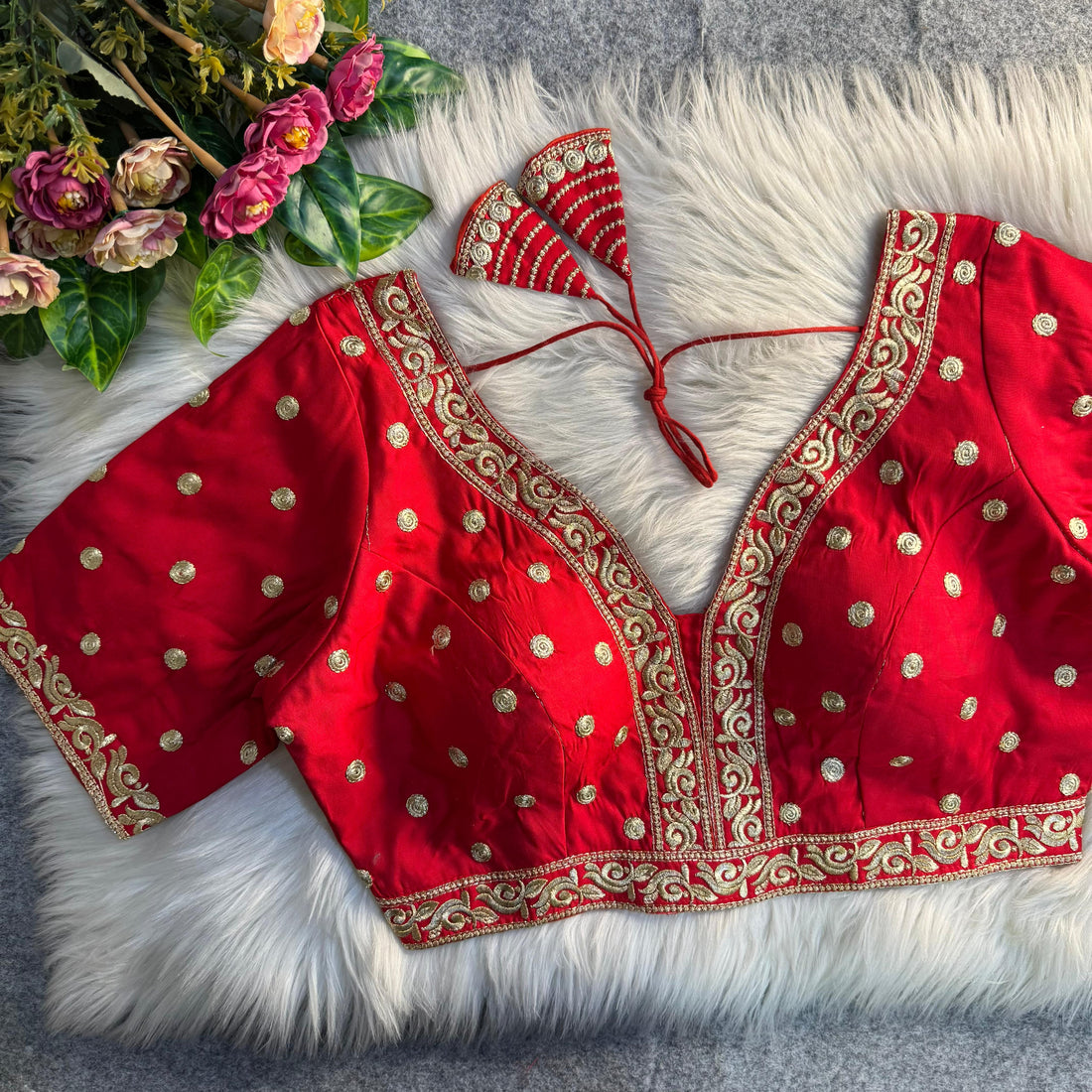Red Soft Heavy Pure Soft Italian Silk With Tricot Fuising Work Bridal Blouse