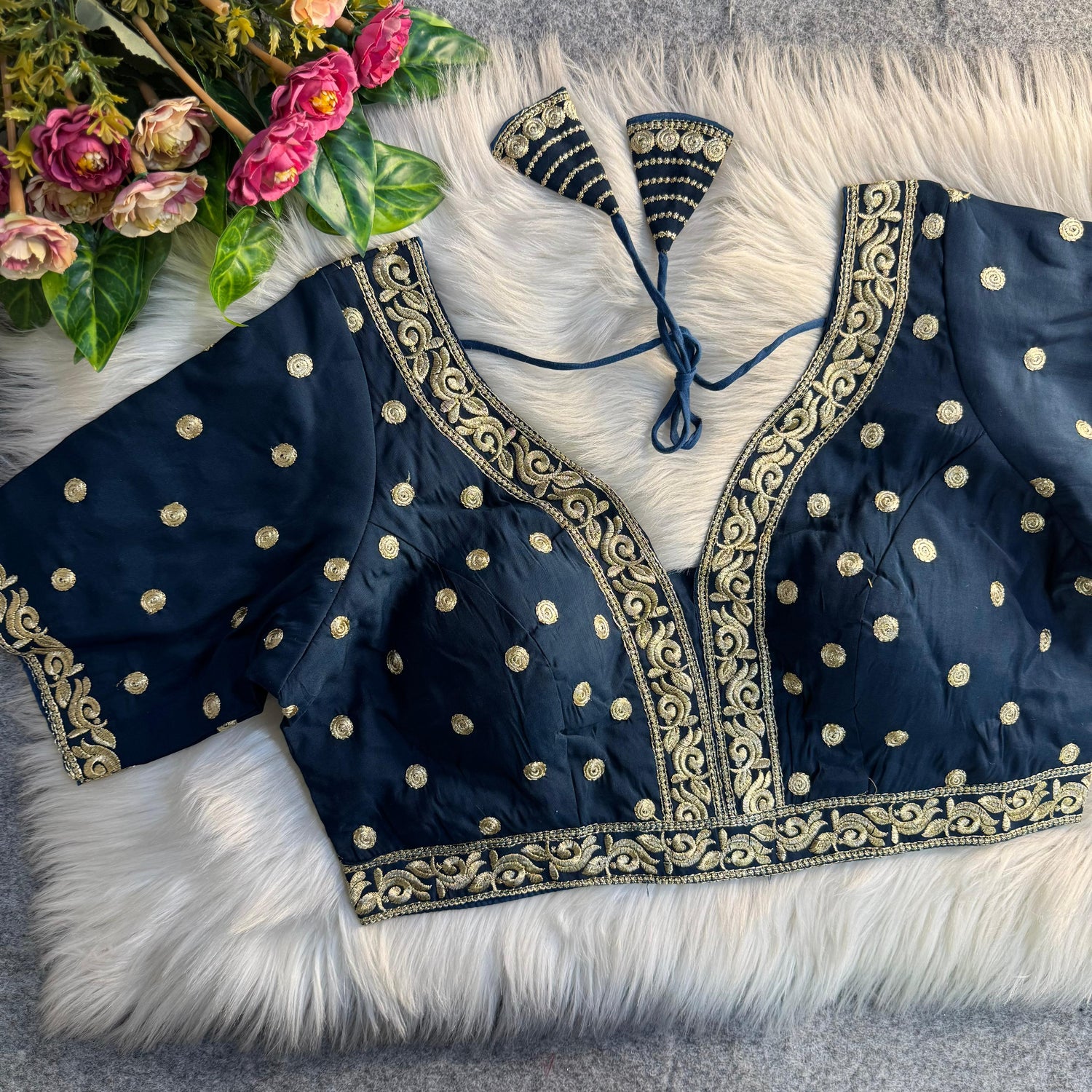 Navy Blue Soft Heavy Pure Soft Italian Silk With Tricot Fuising Work Bridal Blouse