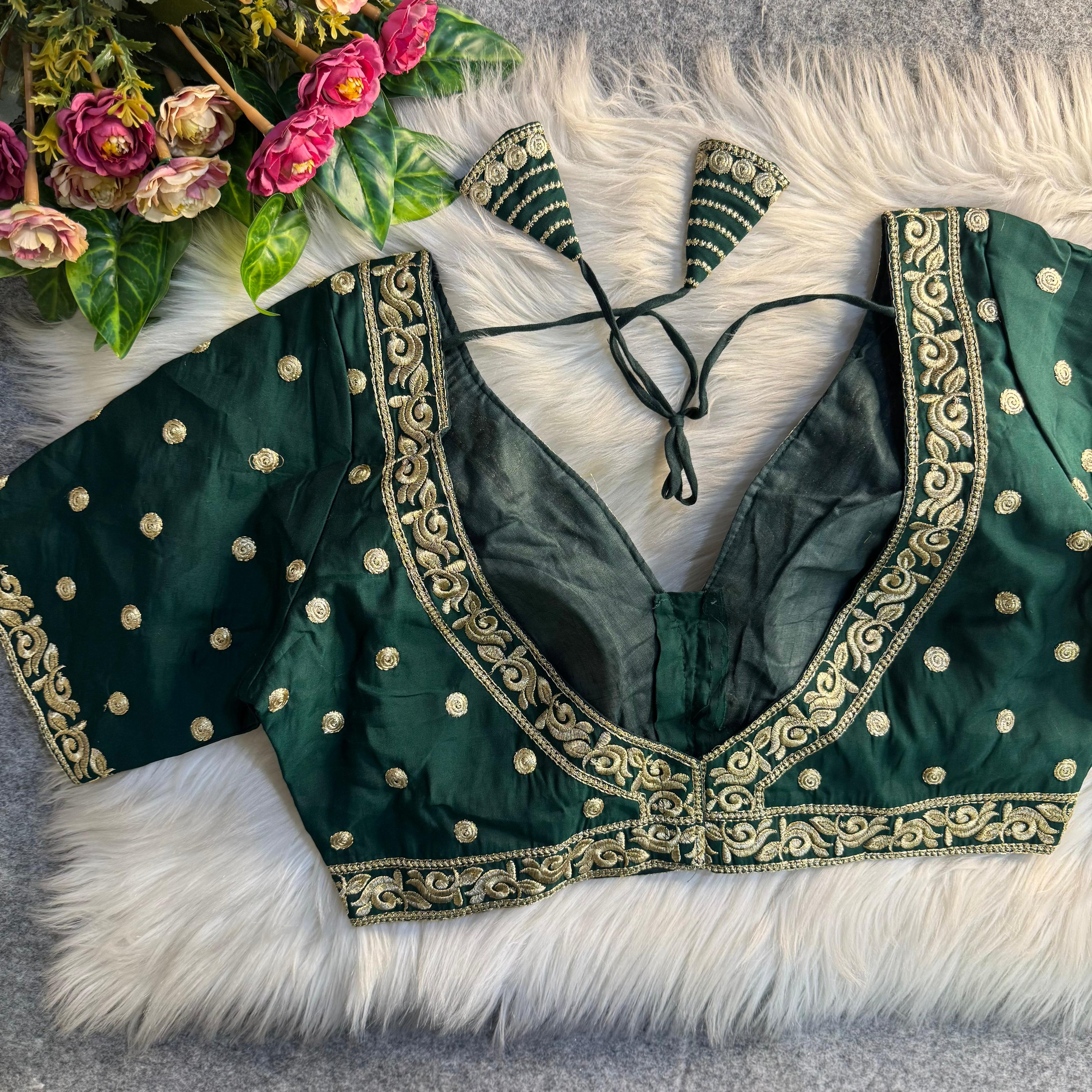 Green Soft Roman Silk Heavy Jari &amp; Thread Work Work Blouse