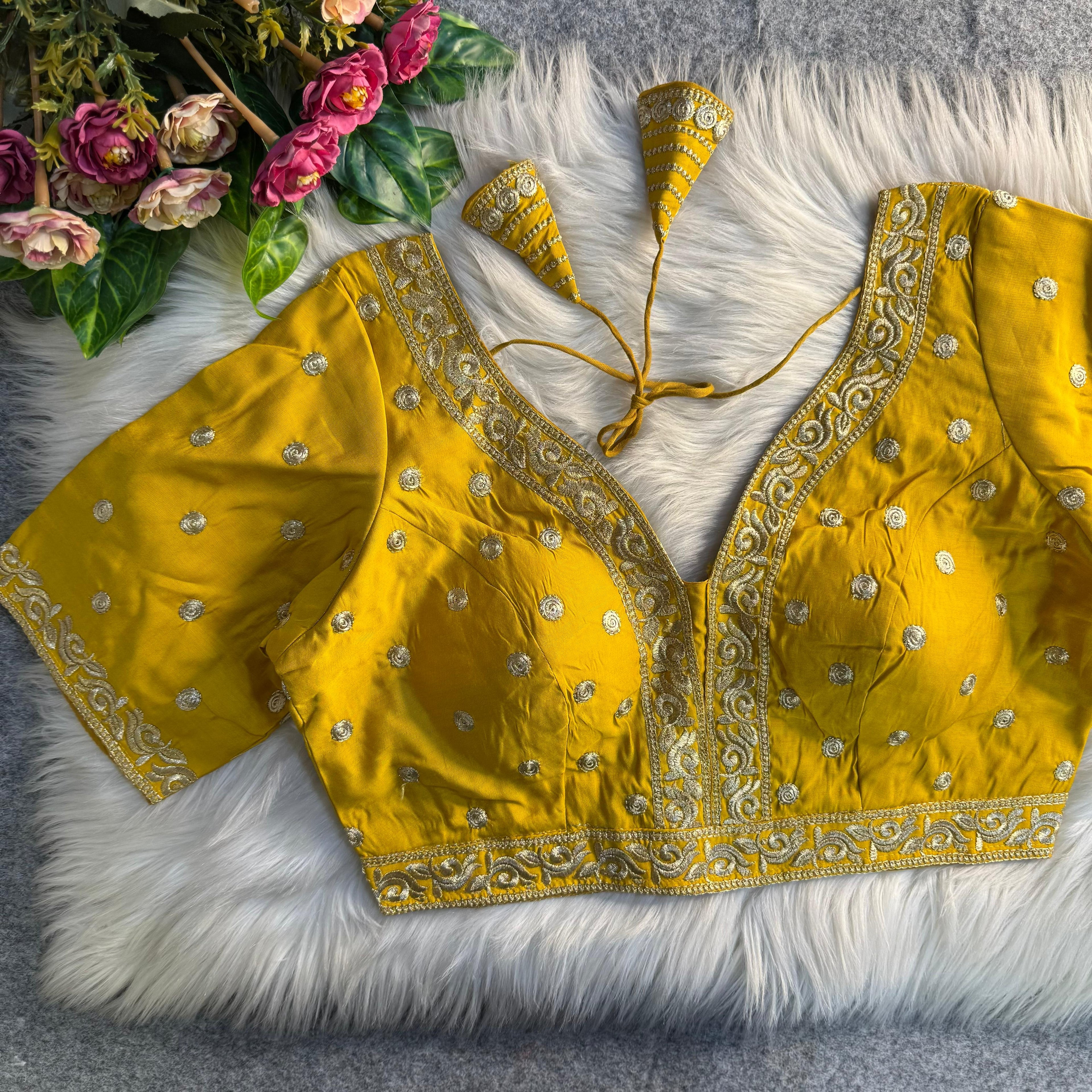 Yellow Soft Roman Silk Heavy Jari &amp; Thread Work Work Blouse