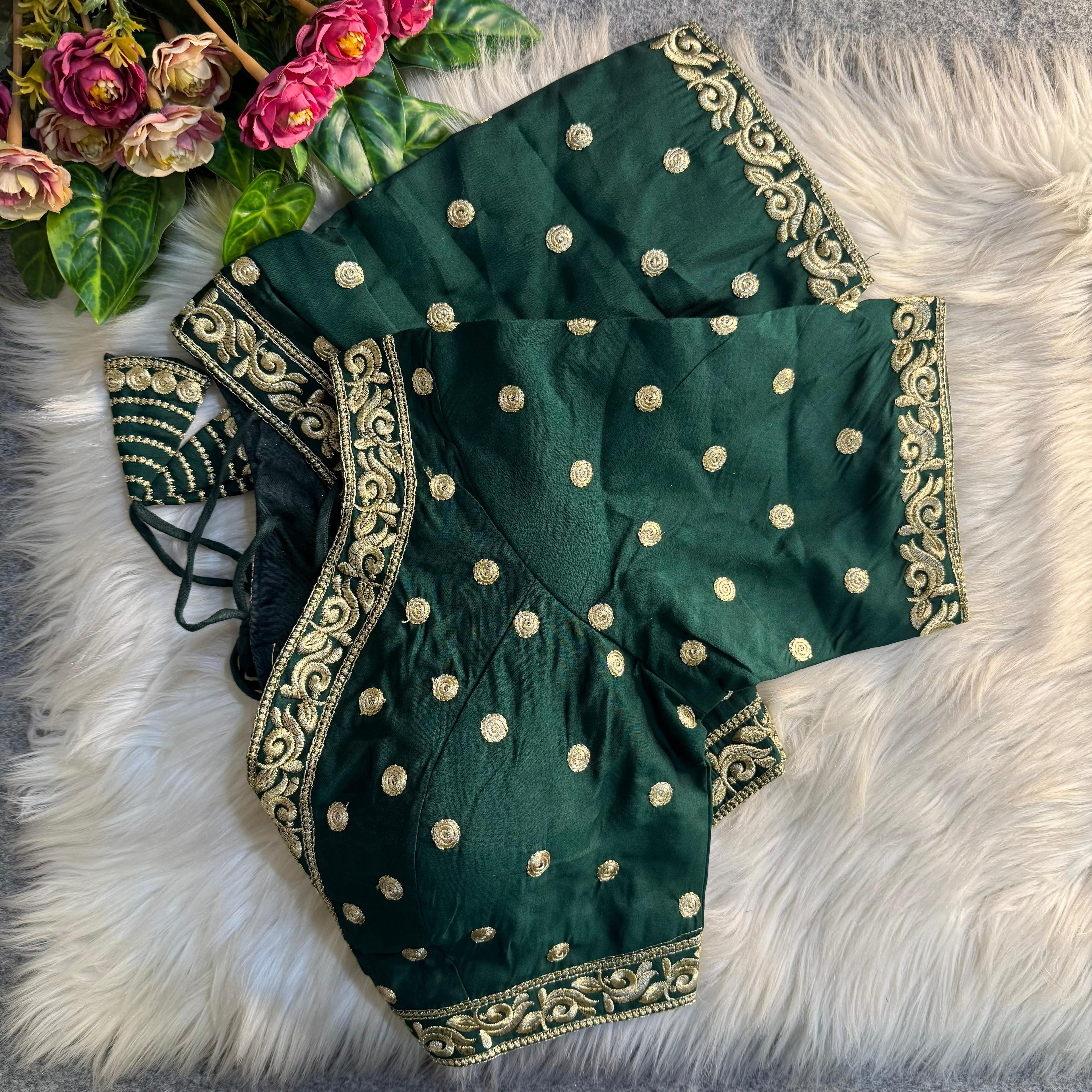 Green Soft Roman Silk Heavy Jari &amp; Thread Work Work Blouse