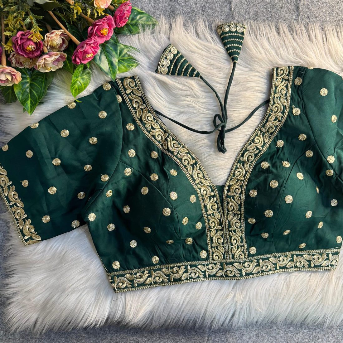 Green Soft Roman Silk Heavy Jari &amp; Thread Work Work Blouse