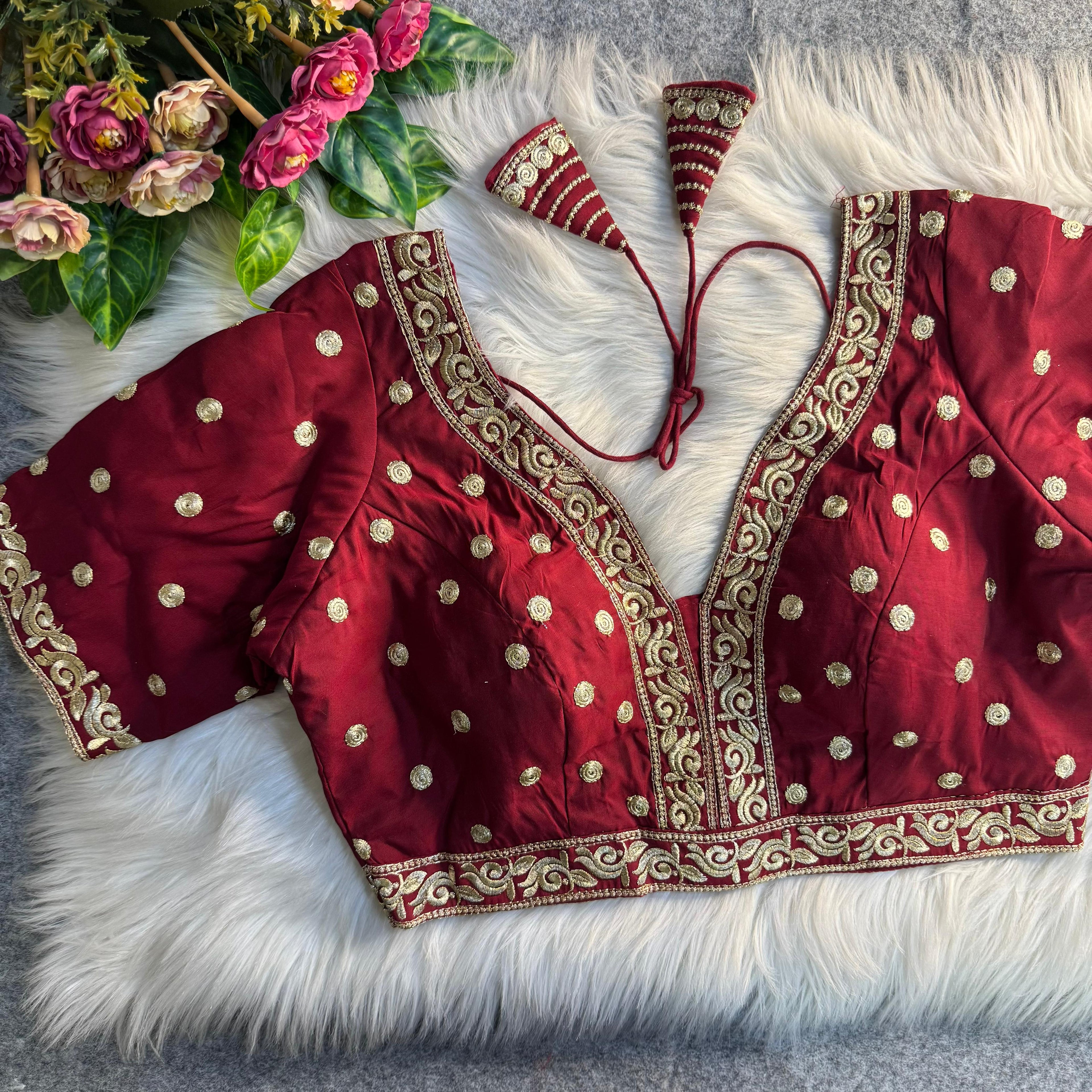 Red Soft Roman Silk Heavy Jari &amp; Thread Work Work Blouse