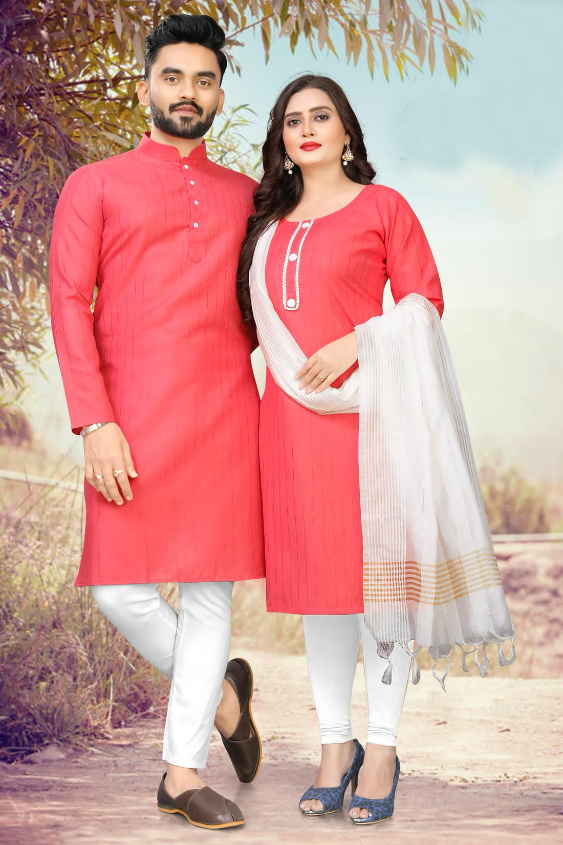 Rani Pure Soft Cotton Kurta &amp; Kurti Matching Couple Set