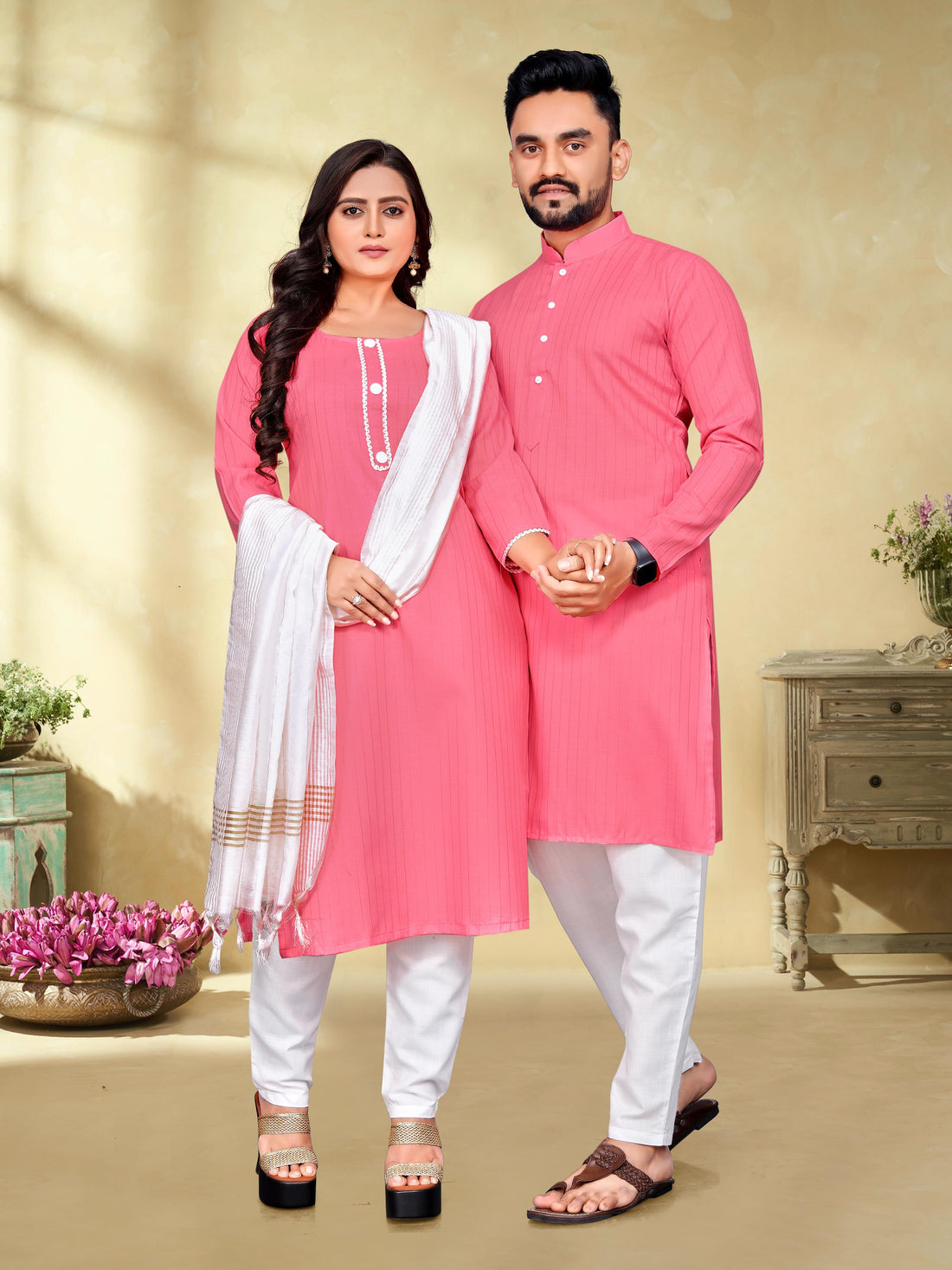 Pink Pure Soft Cotton Kurta &amp; Kurti Matching Couple Set