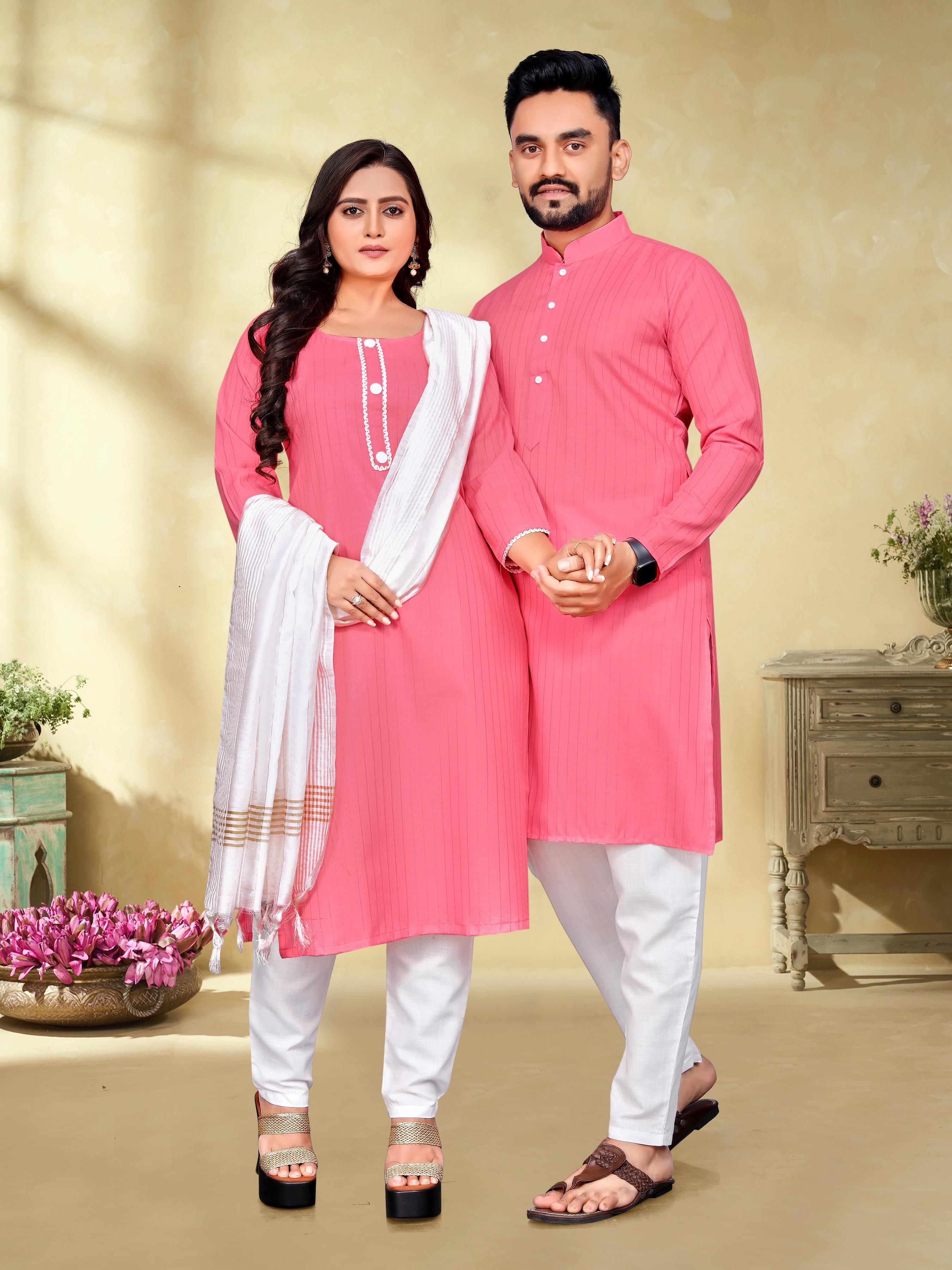 Pink Pure Soft Cotton Kurta &amp; Kurti Matching Couple Set