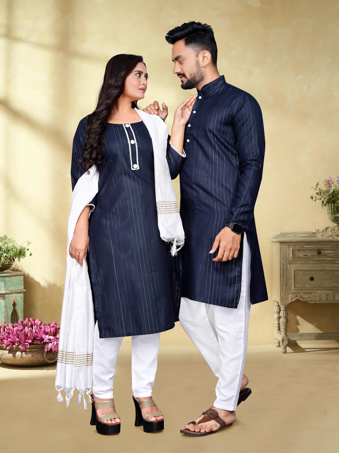 Blue Pure Soft Cotton Kurta &amp; Kurti Matching Couple Set