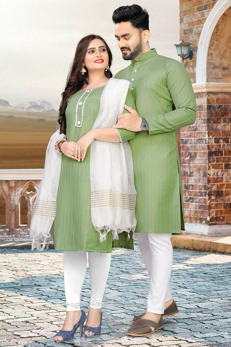 Pista Pure Soft Cotton Kurta &amp; Kurti Matching Couple Set