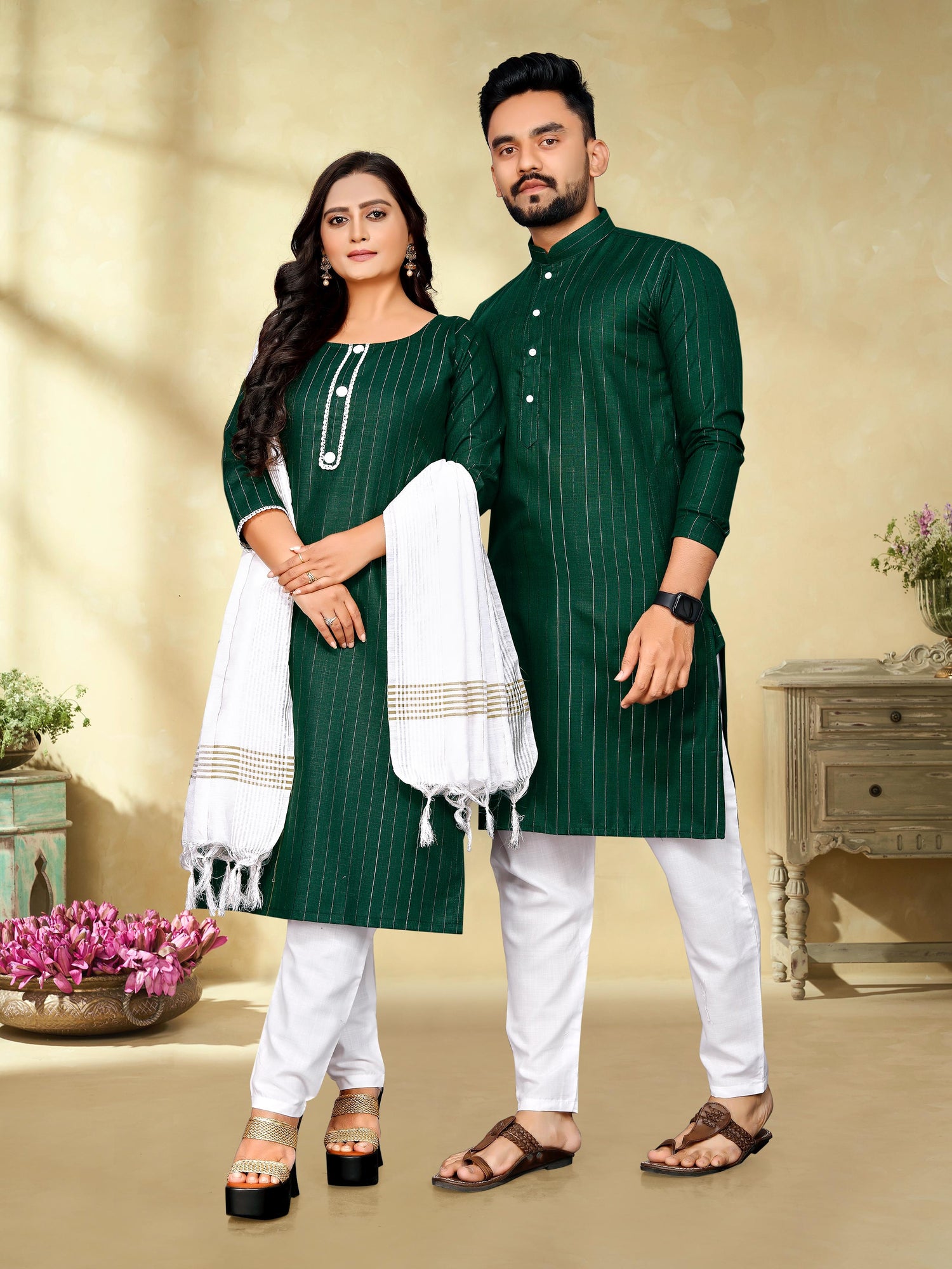 Rama Pure Soft Cotton Kurta &amp; Kurti Matching Couple Set