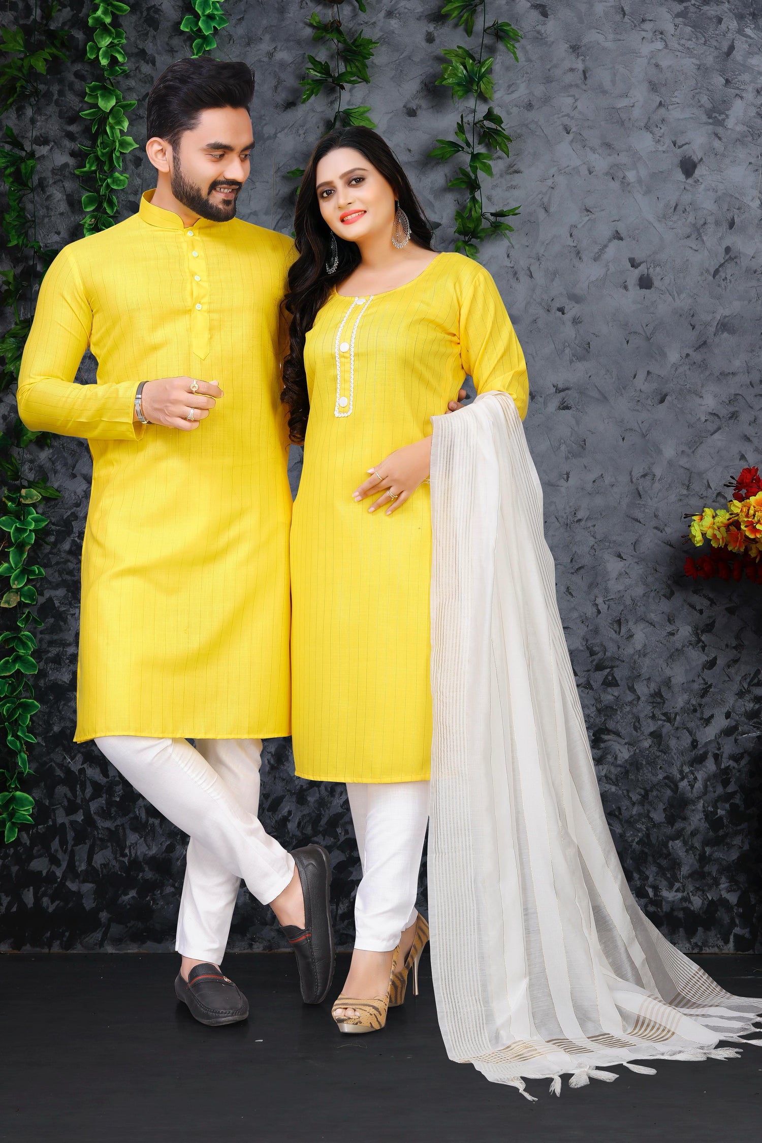 Yellow Pure Soft Cotton Kurta &amp; Kurti Matching Couple Set