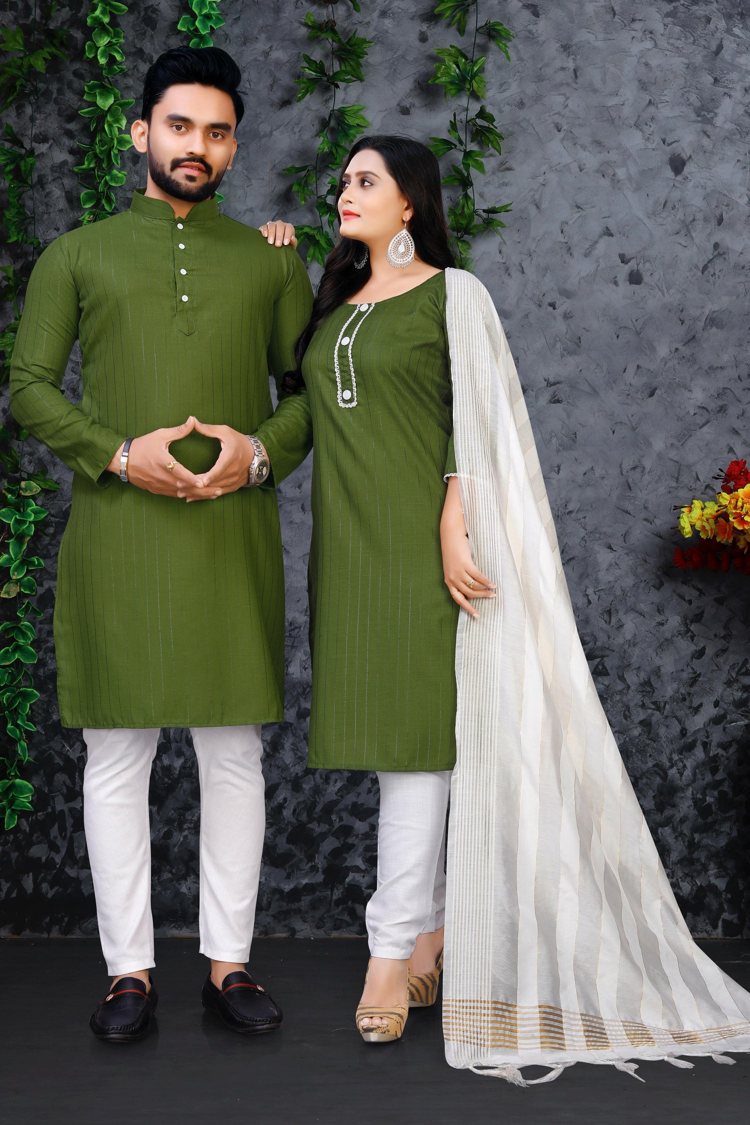 Green Pure Soft Cotton Kurta &amp; Kurti Matching Couple Set