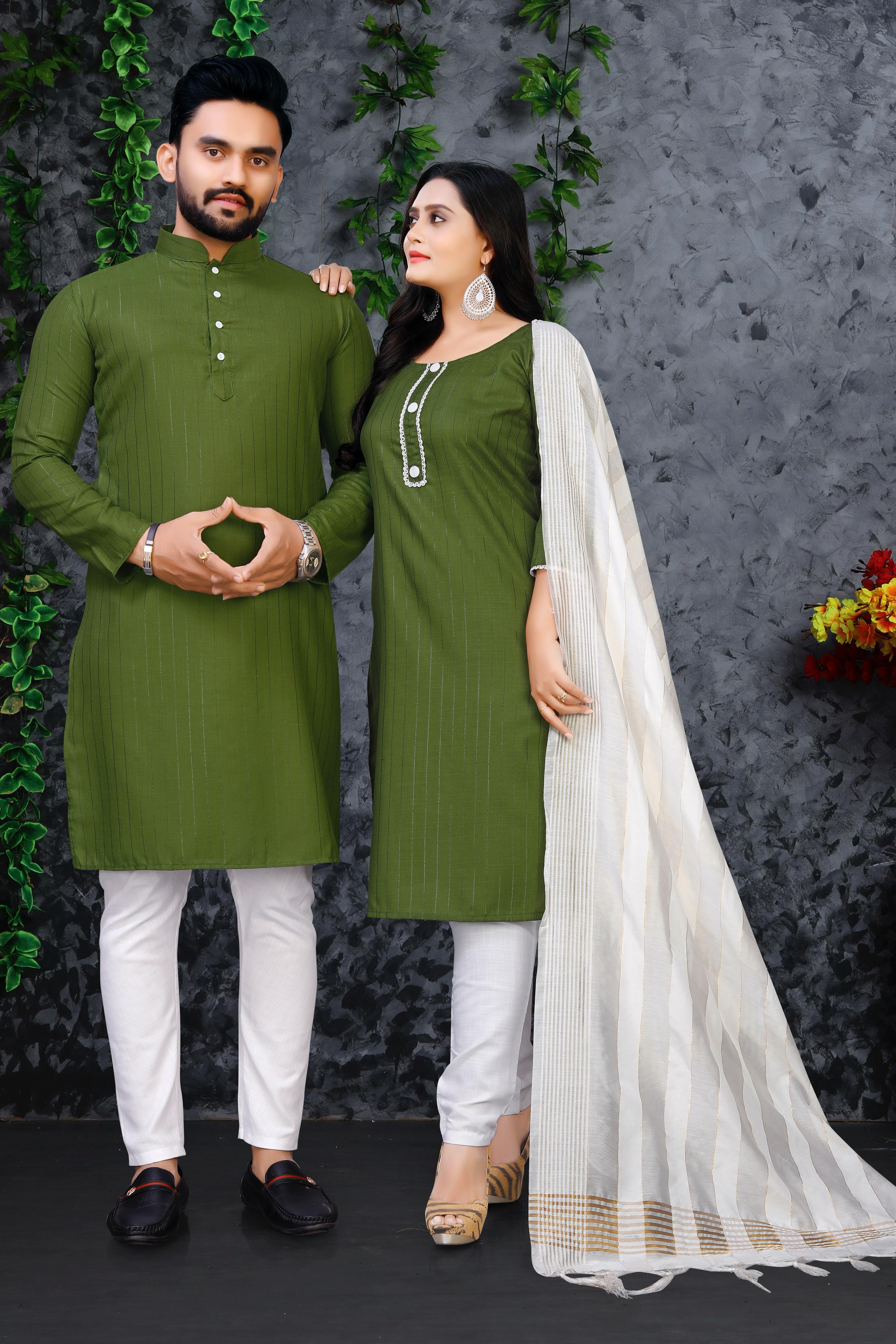 Green Pure Soft Cotton Kurta &amp; Kurti Matching Couple Set