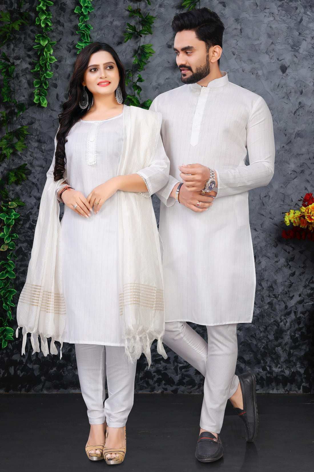 White Pure Soft Cotton Kurta &amp; Kurti Matching Couple Set