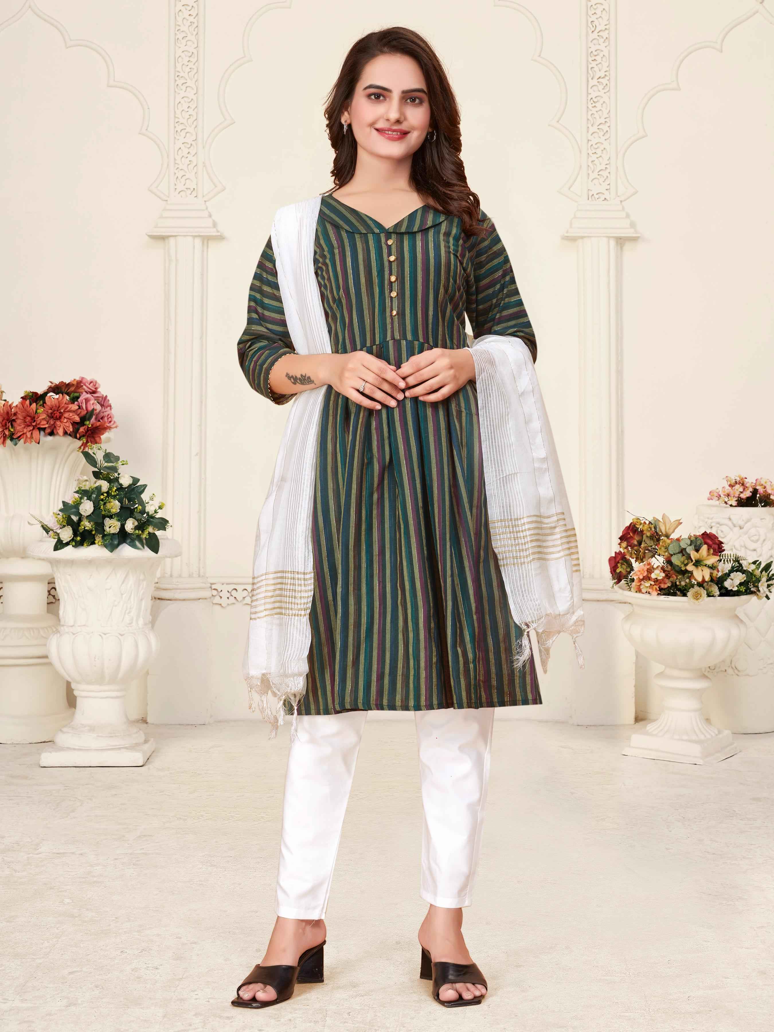 Green Pure Soft Cotton Kurta &amp; Kurti Matching Couple Set