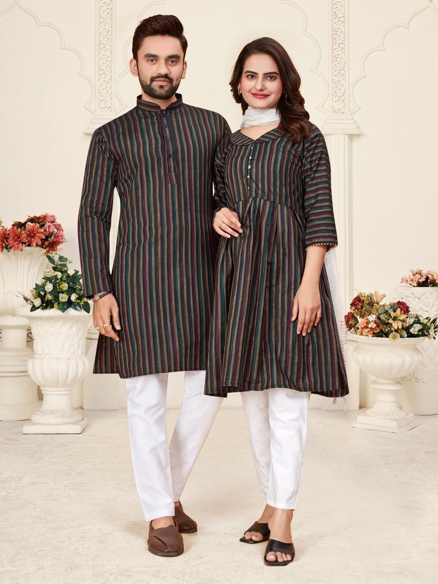 Black Pure Soft Cotton Kurta &amp; Kurti Matching Couple Set