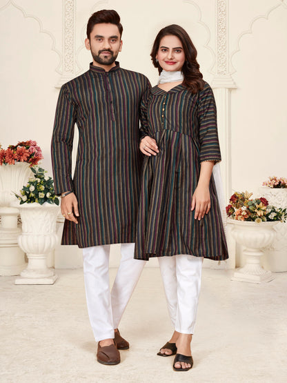Black Pure Soft Cotton Kurta &amp; Kurti Matching Couple Set