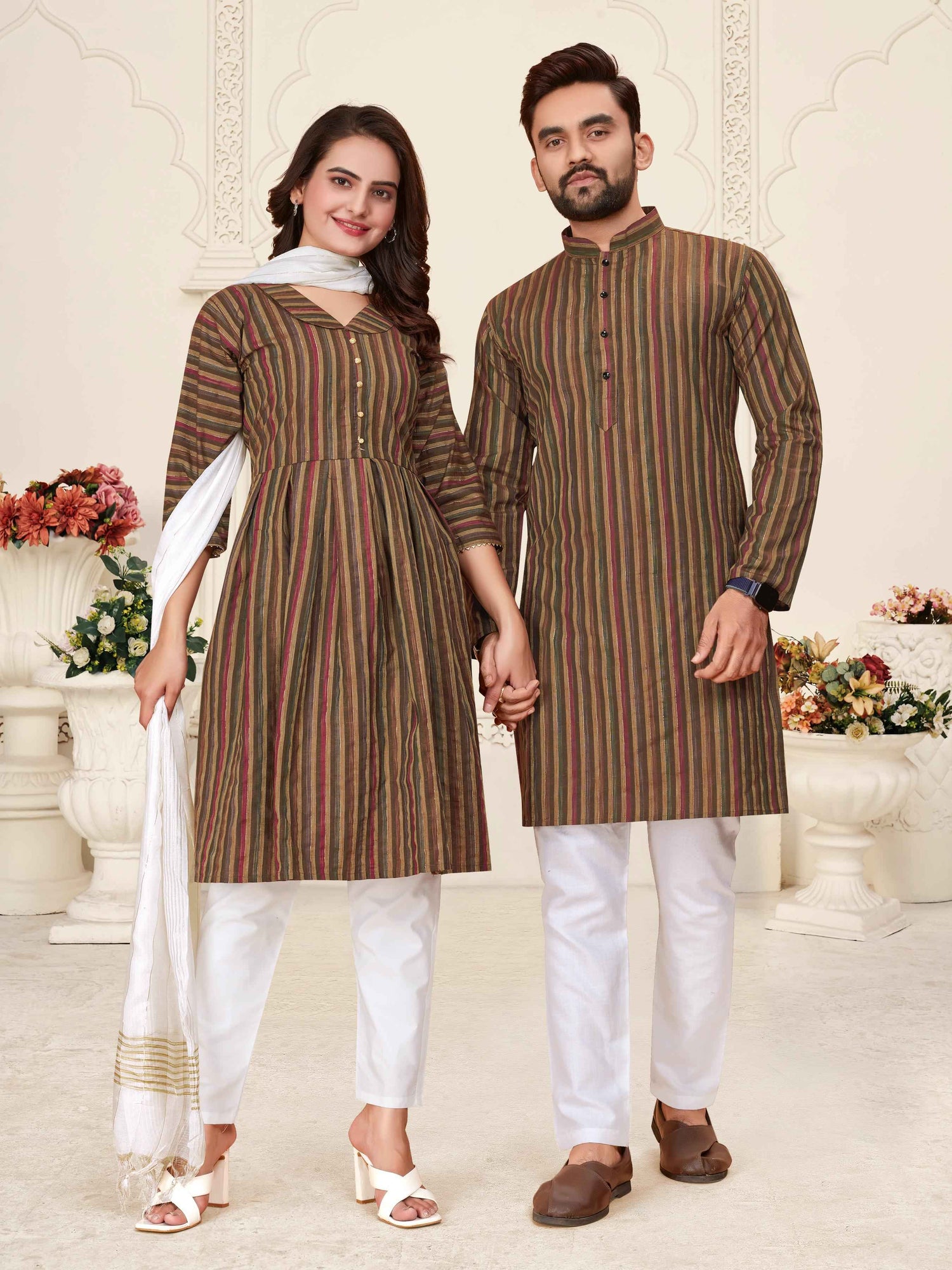 Brown Pure Soft Cotton Kurta &amp; Kurti Matching Couple Set
