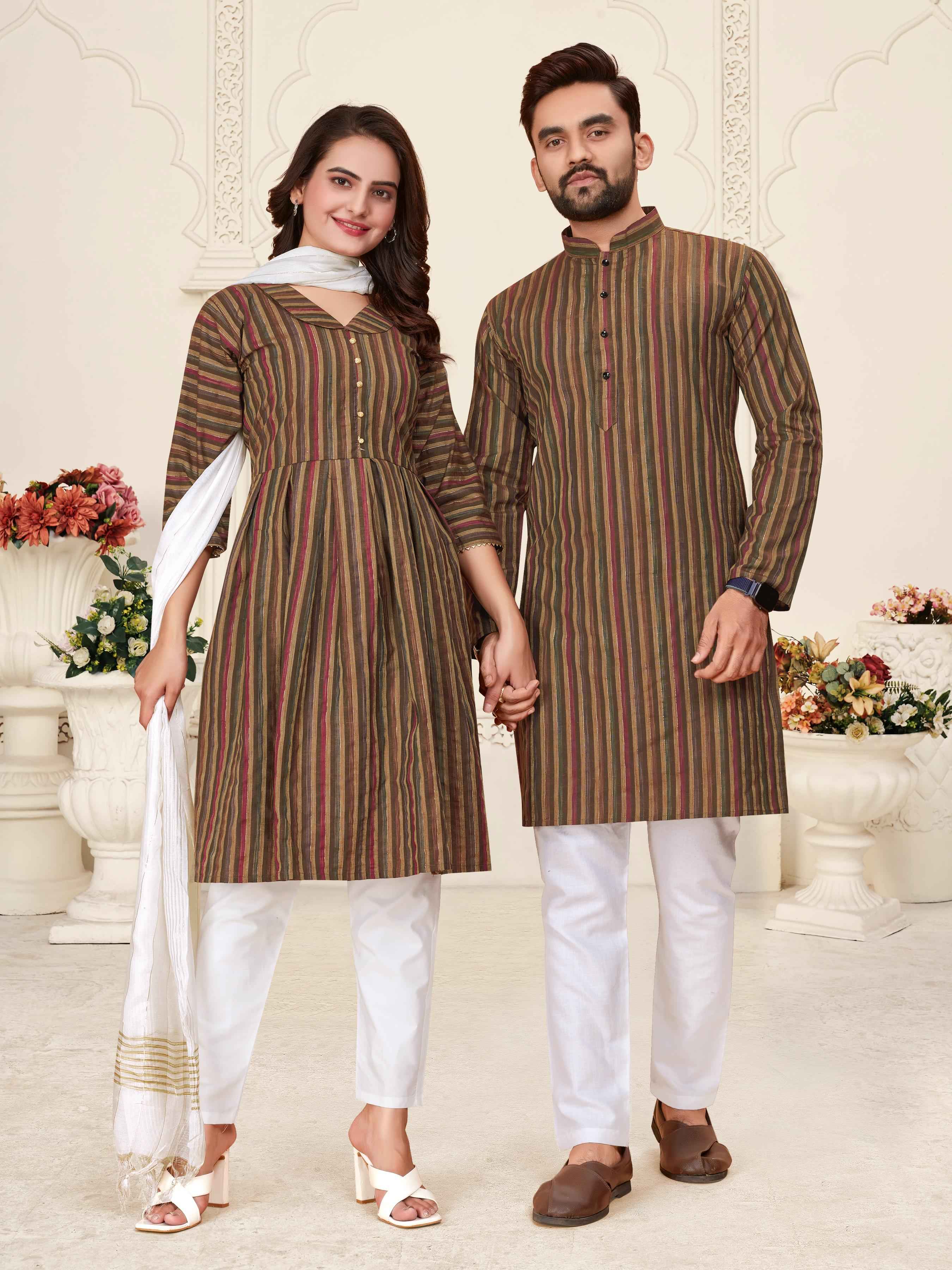 Brown Pure Soft Cotton Kurta &amp; Kurti Matching Couple Set