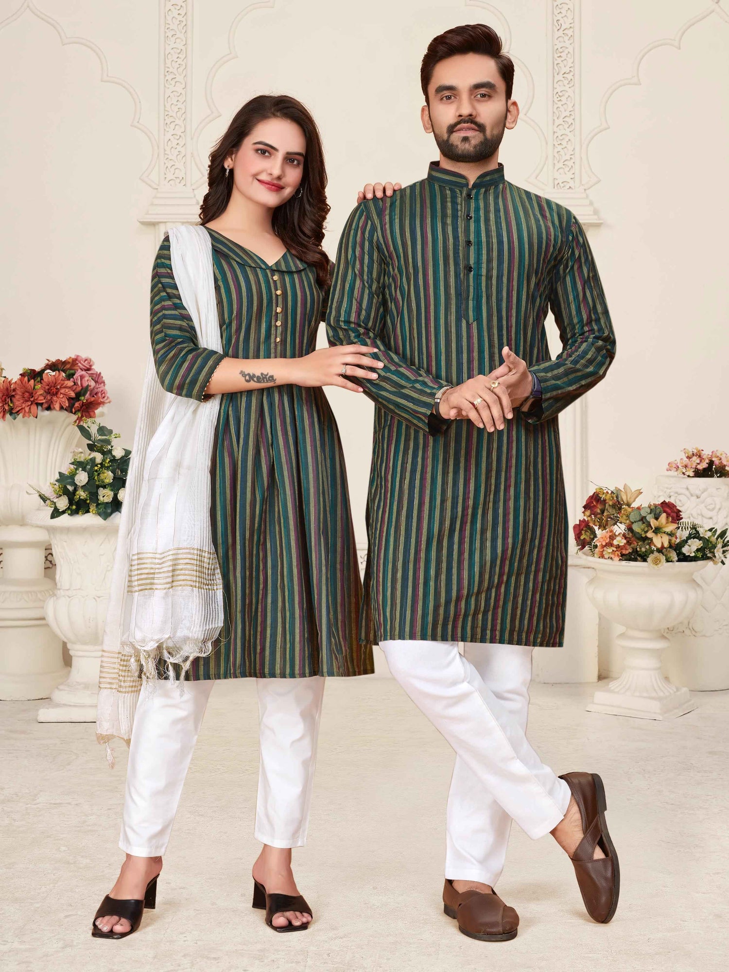 Green Pure Soft Cotton Kurta &amp; Kurti Matching Couple Set
