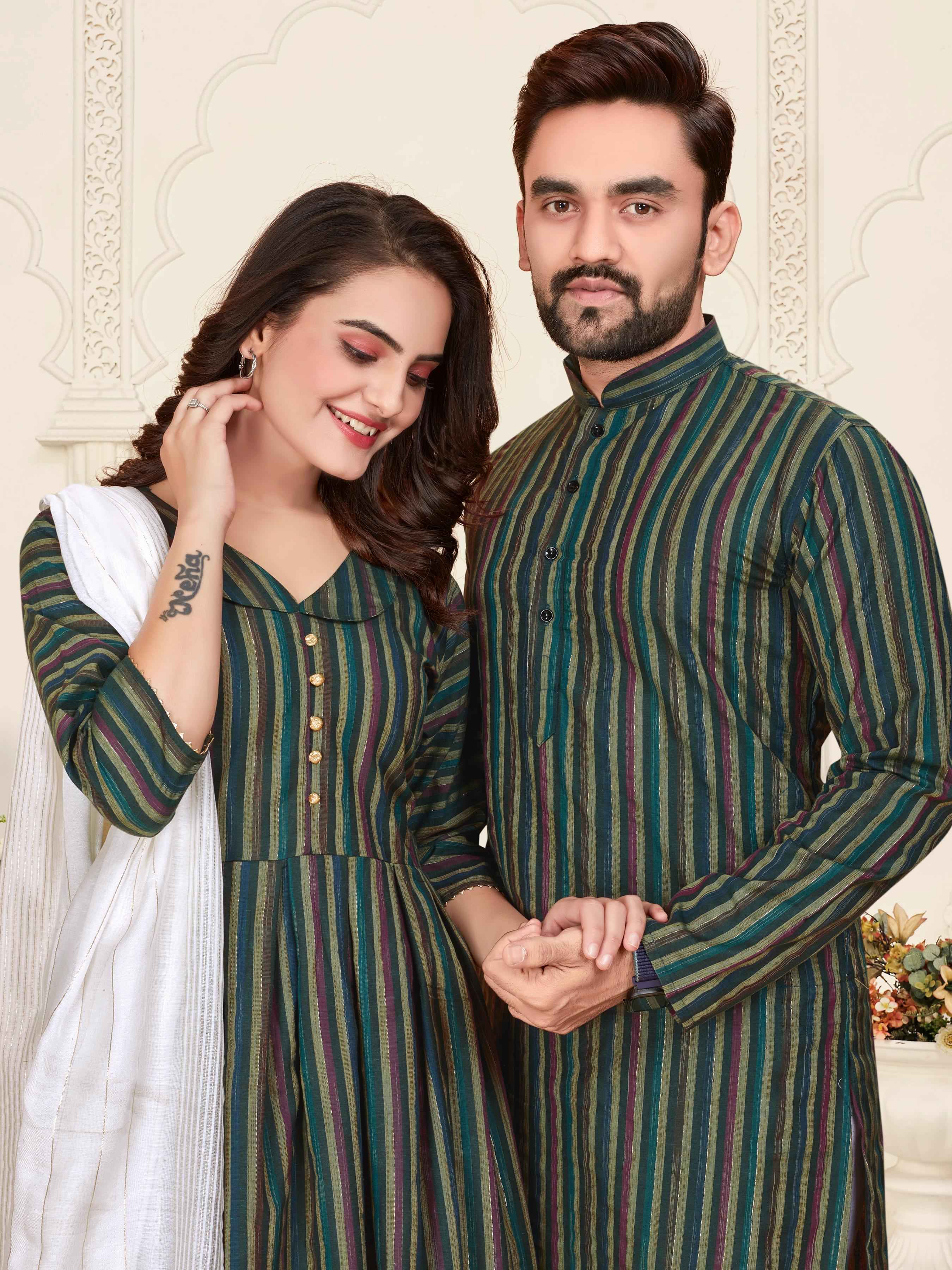 Green Pure Soft Cotton Kurta &amp; Kurti Matching Couple Set
