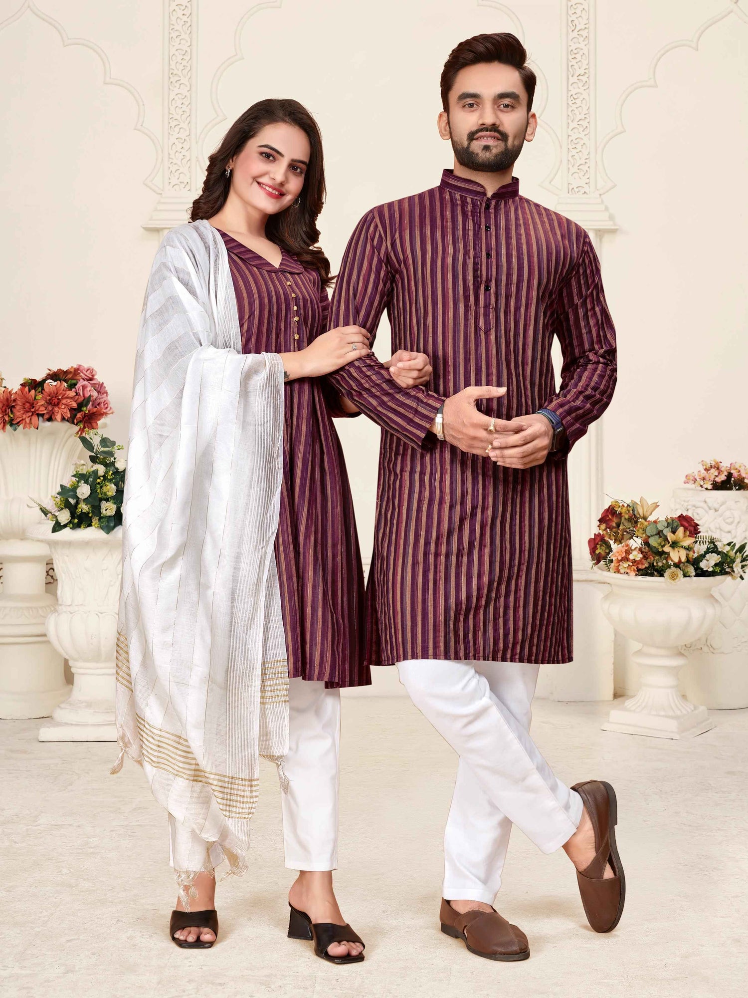 Maroon Pure Soft Cotton Kurta &amp; Kurti Matching Couple Set