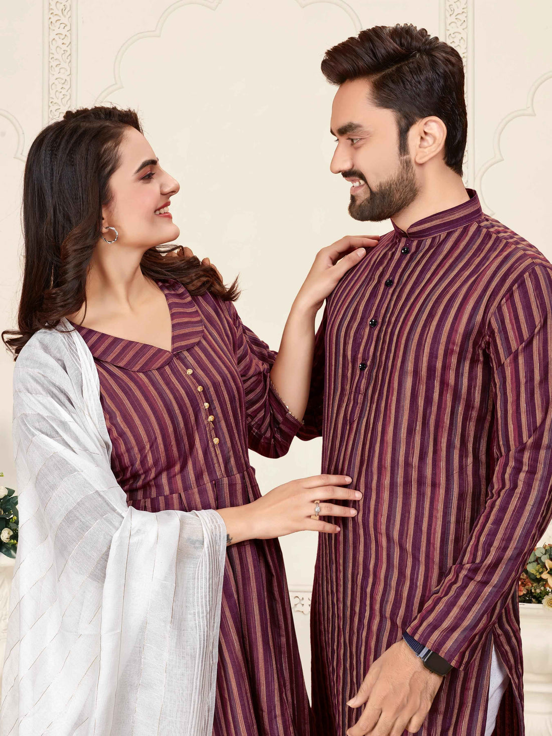 Maroon Pure Soft Cotton Kurta &amp; Kurti Matching Couple Set