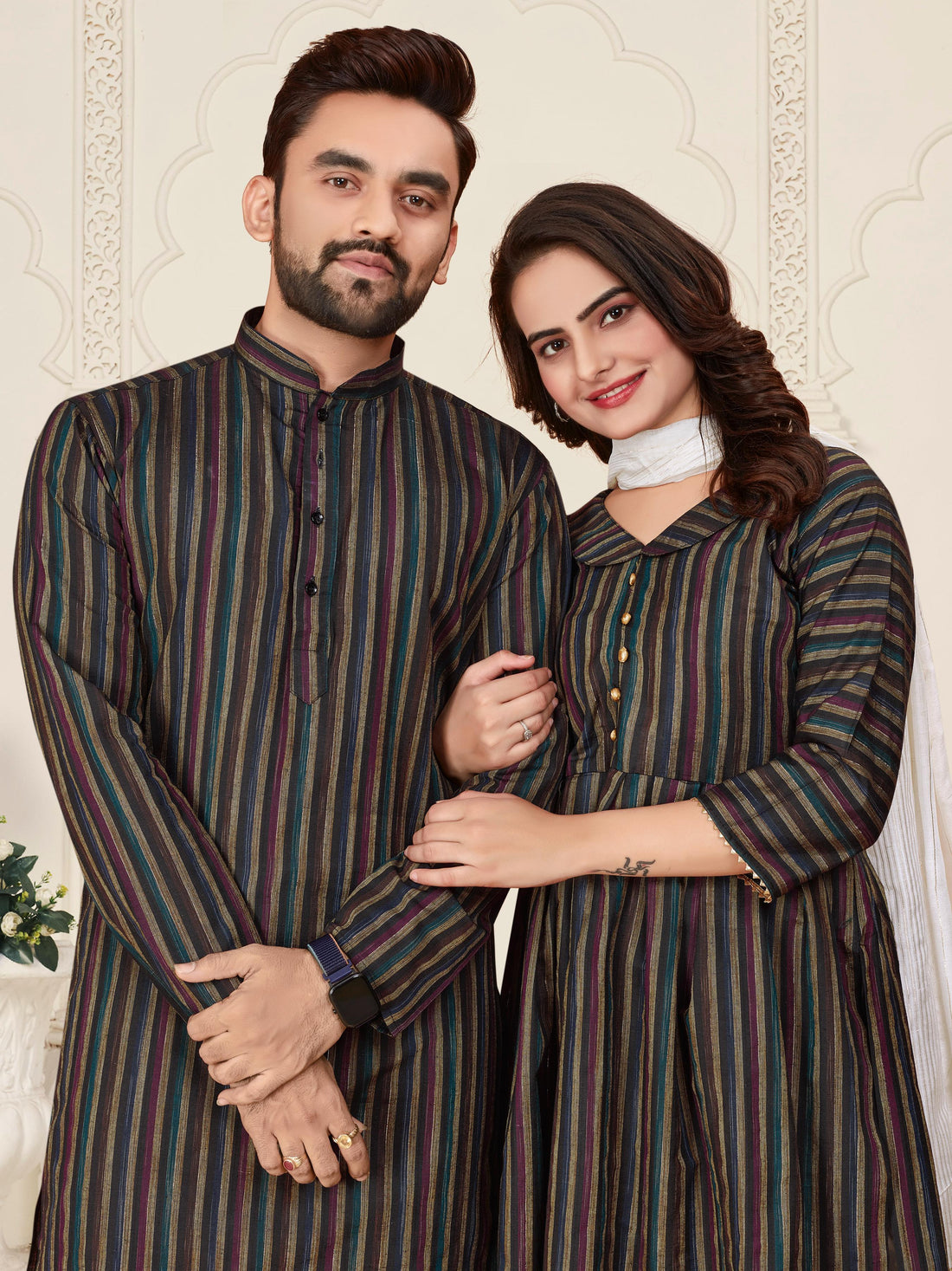Black Pure Soft Cotton Kurta &amp; Kurti Matching Couple Set