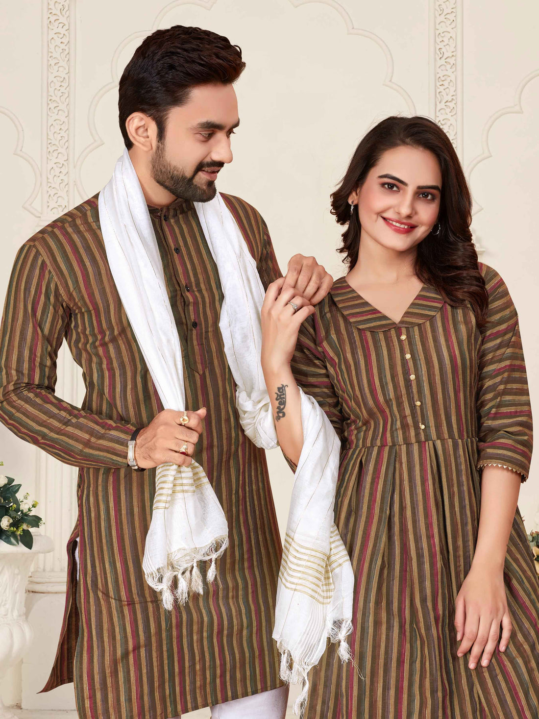Brown Pure Soft Cotton Kurta &amp; Kurti Matching Couple Set