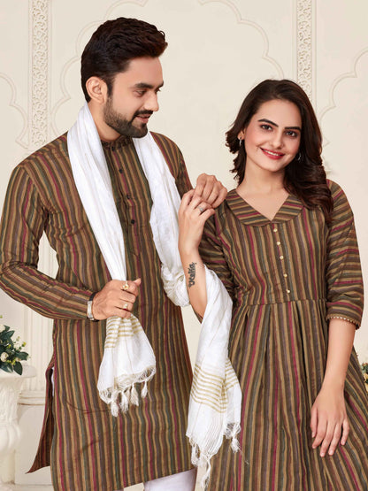 Brown Pure Soft Cotton Kurta &amp; Kurti Matching Couple Set