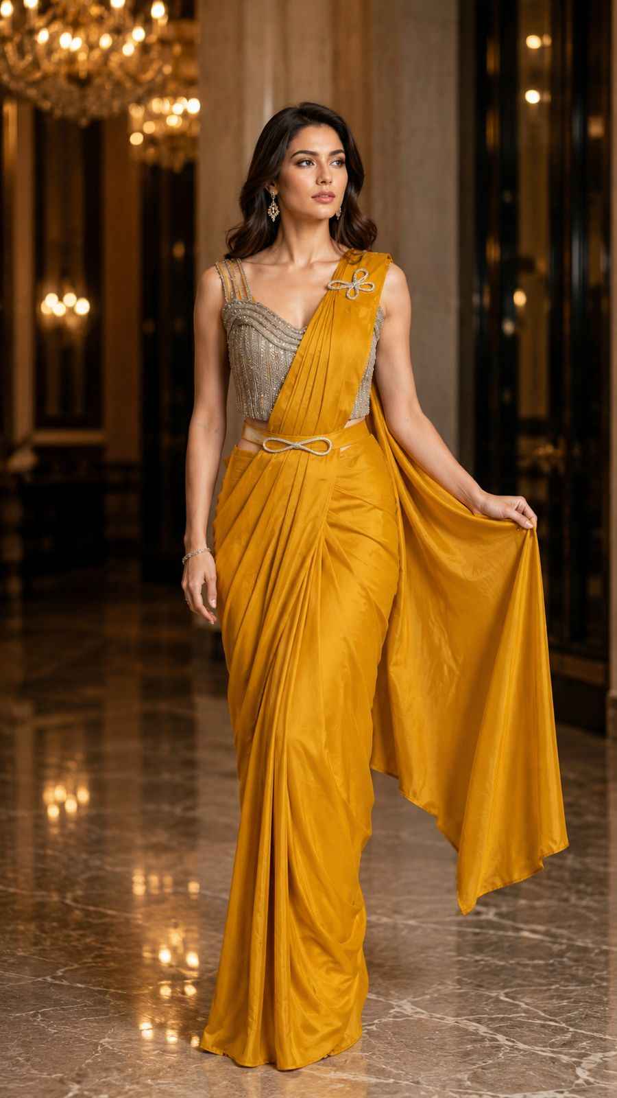 Yellow Pure Imported Fendi Silk Ready to Wear Saree