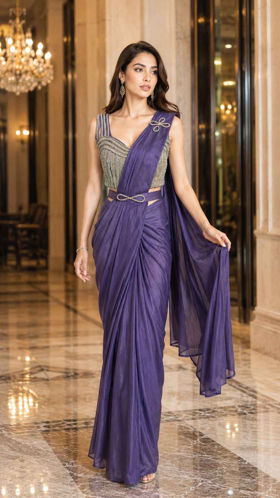 Purple Pure Imported Fendi Silk Ready to Wear Saree