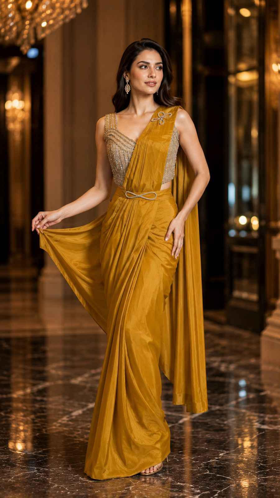 Mustard Pure Imported Fendi Silk Ready to Wear Saree