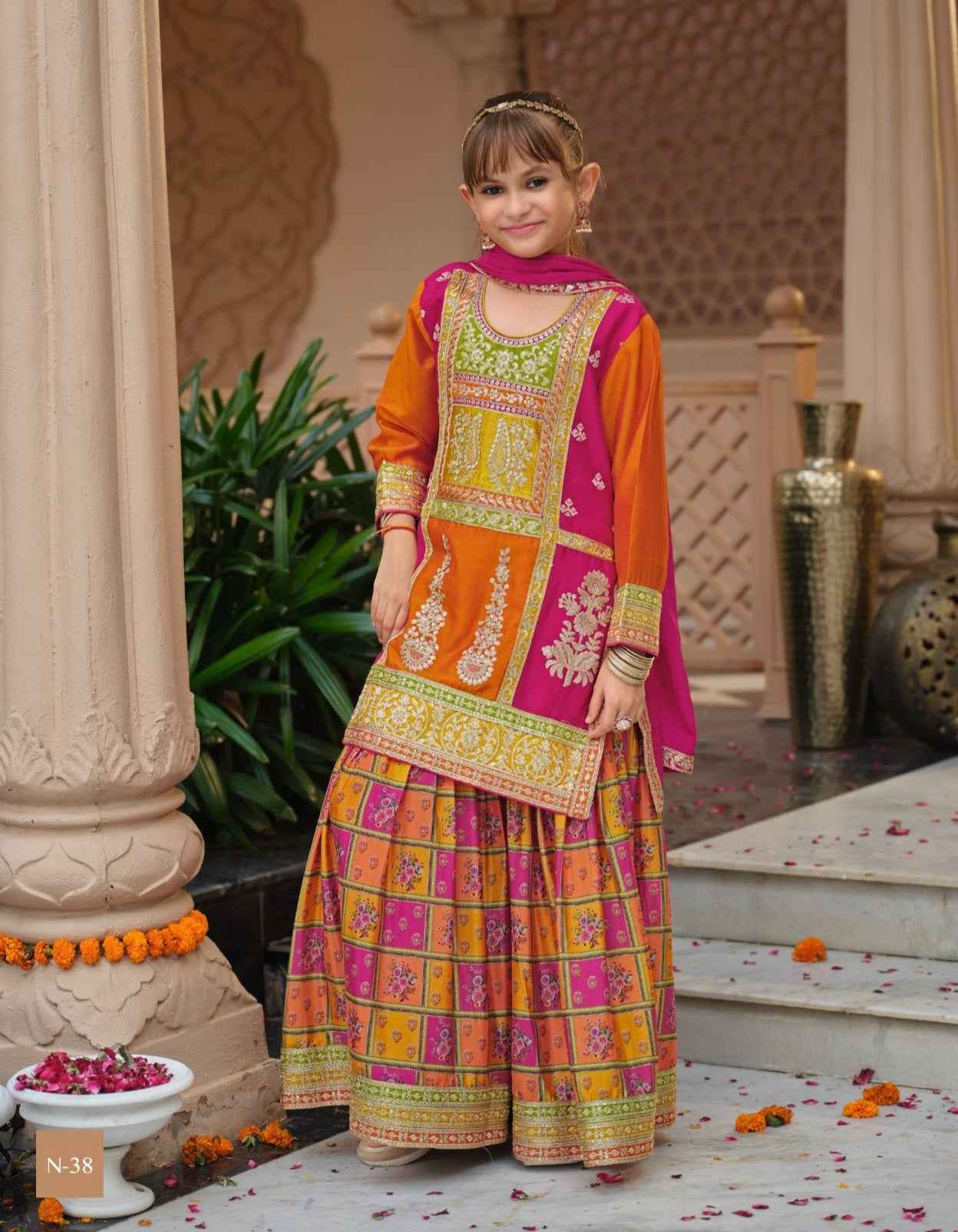 Orange Pure Chinon With Embroidery Work Girls Kids Chudidar