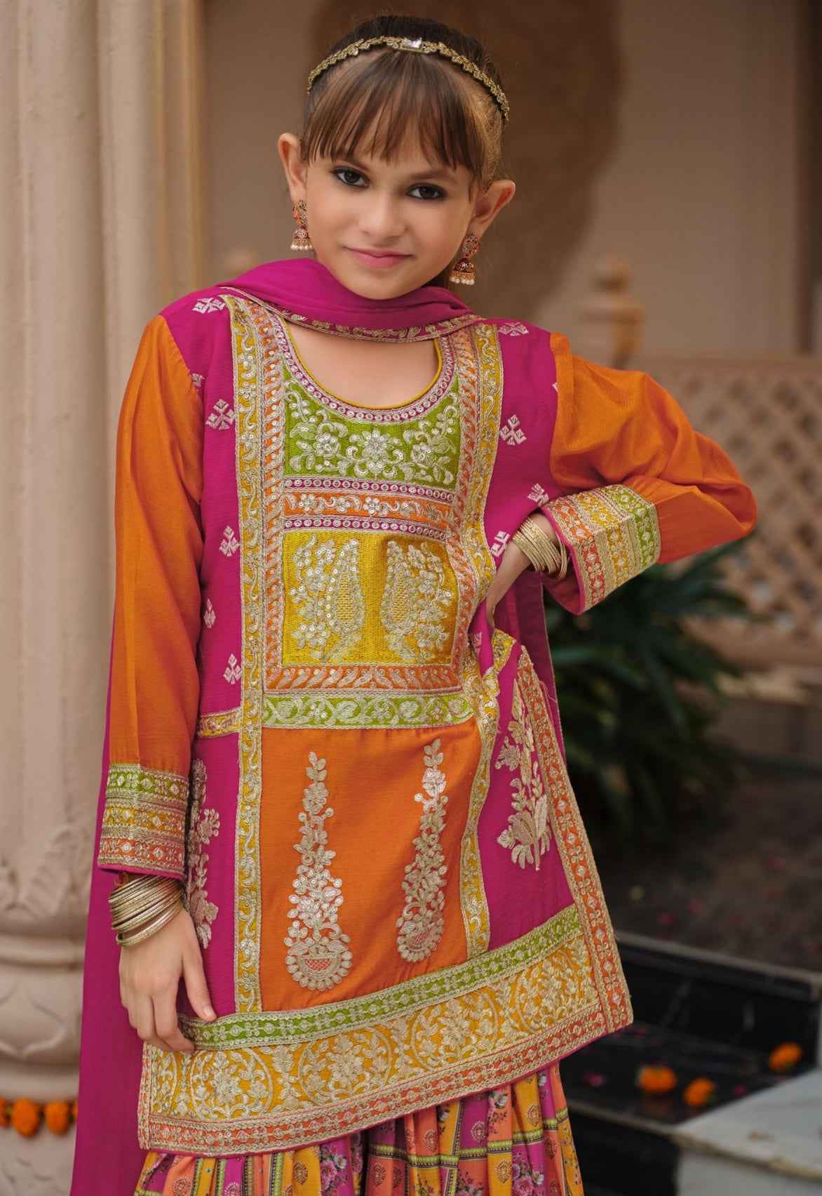 Orange Pure Chinon With Embroidery Work Girls Kids Chudidar