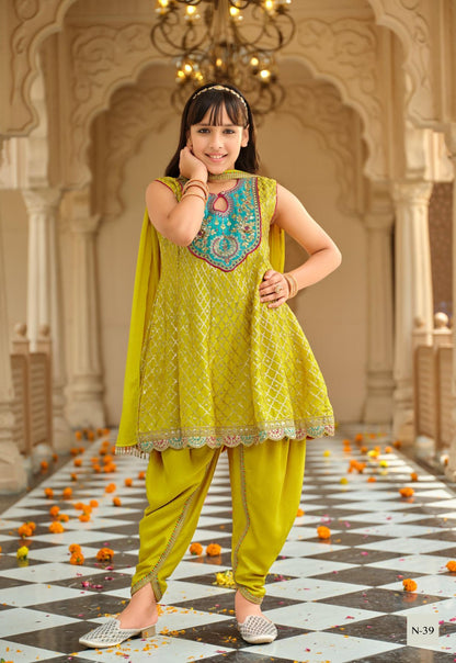 Lime Pure Chinon With Embroidery Work Girls Kids Chudidar