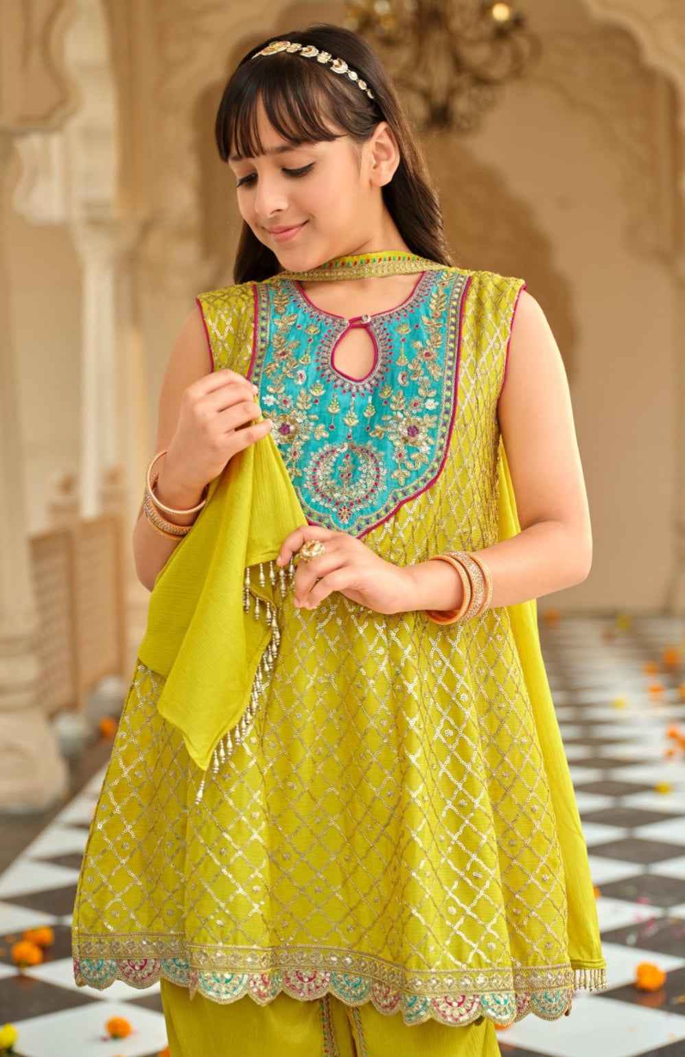Lime Pure Chinon With Embroidery Work Girls Kids Chudidar