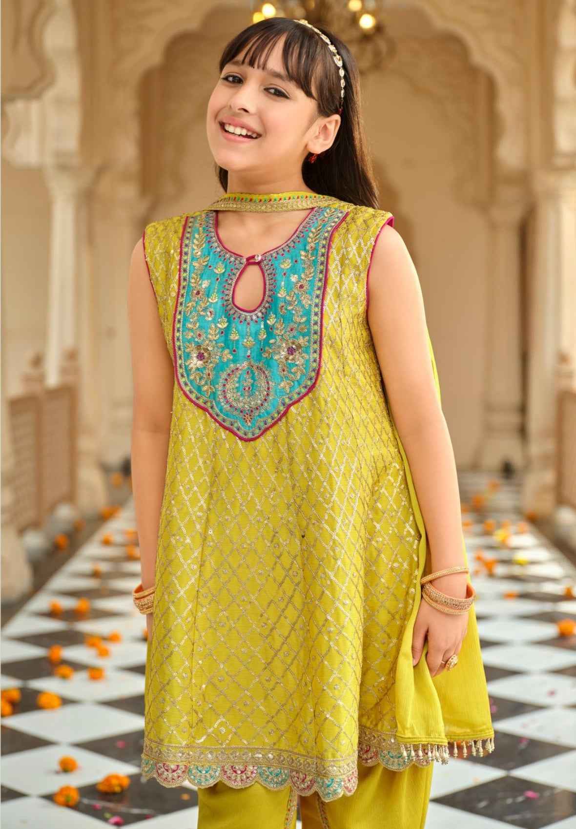 Lime Pure Chinon With Embroidery Work Girls Kids Chudidar