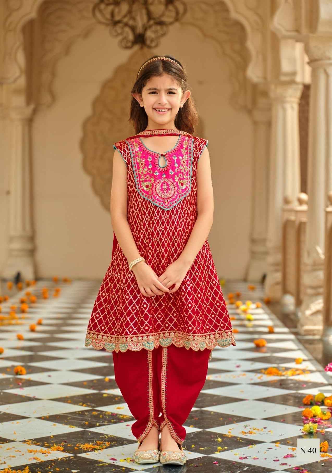Pink Pure Chinon With Embroidery Work Girls Kids Chudidar