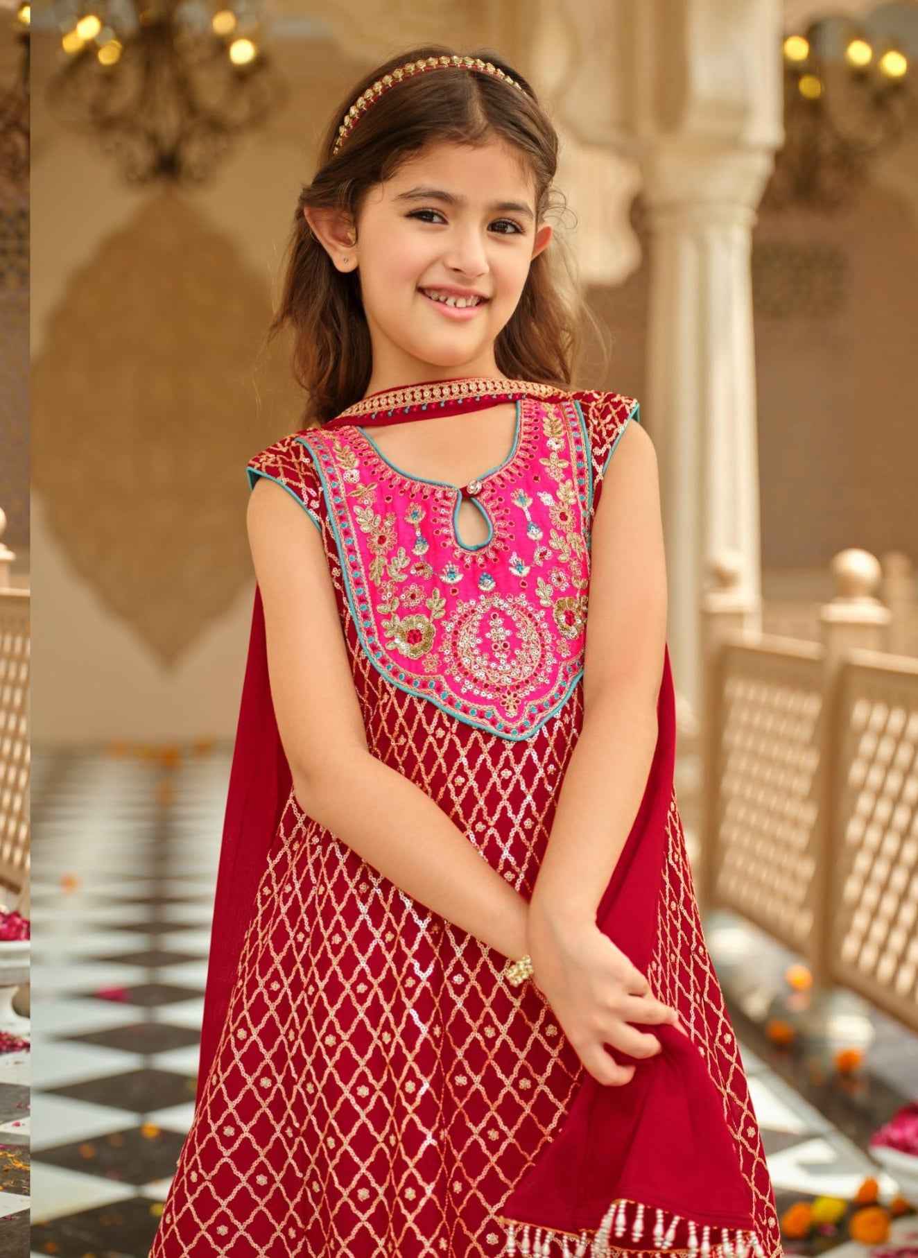 Pink Pure Chinon With Embroidery Work Girls Kids Chudidar